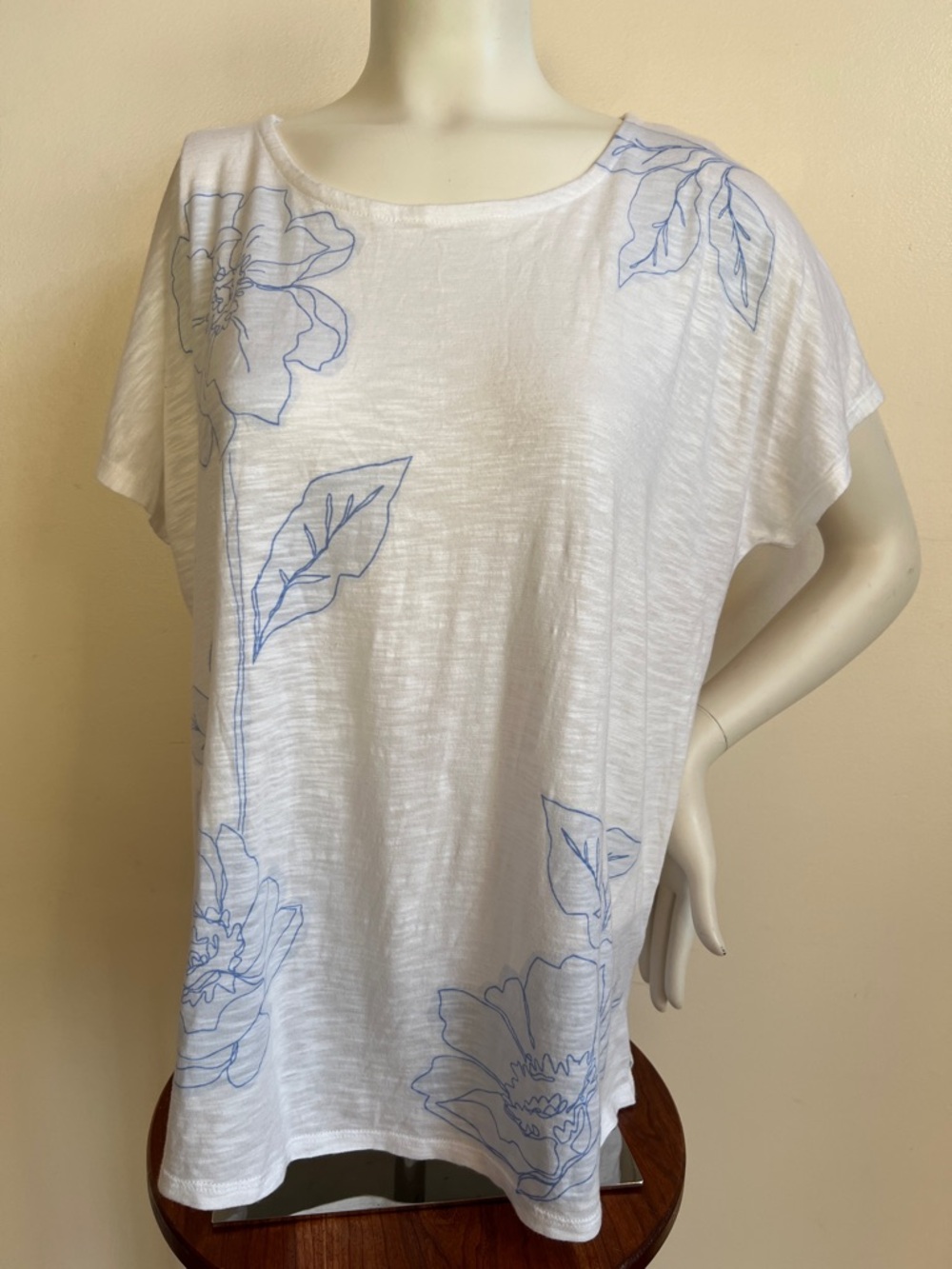 J. Jill White Short-Sleeve Tee with Light Blue Floral Outline